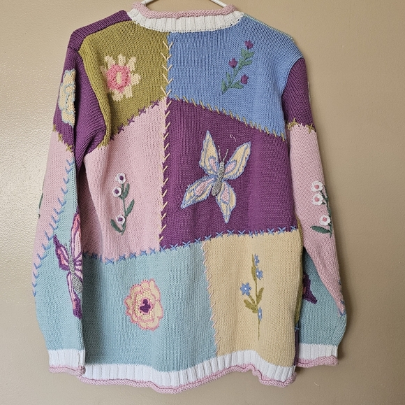 NWT Vtg Storybook Knits Butterfly & Floral Patchwork Sweater Cardigan Size L 90s - Picture 4 of 16